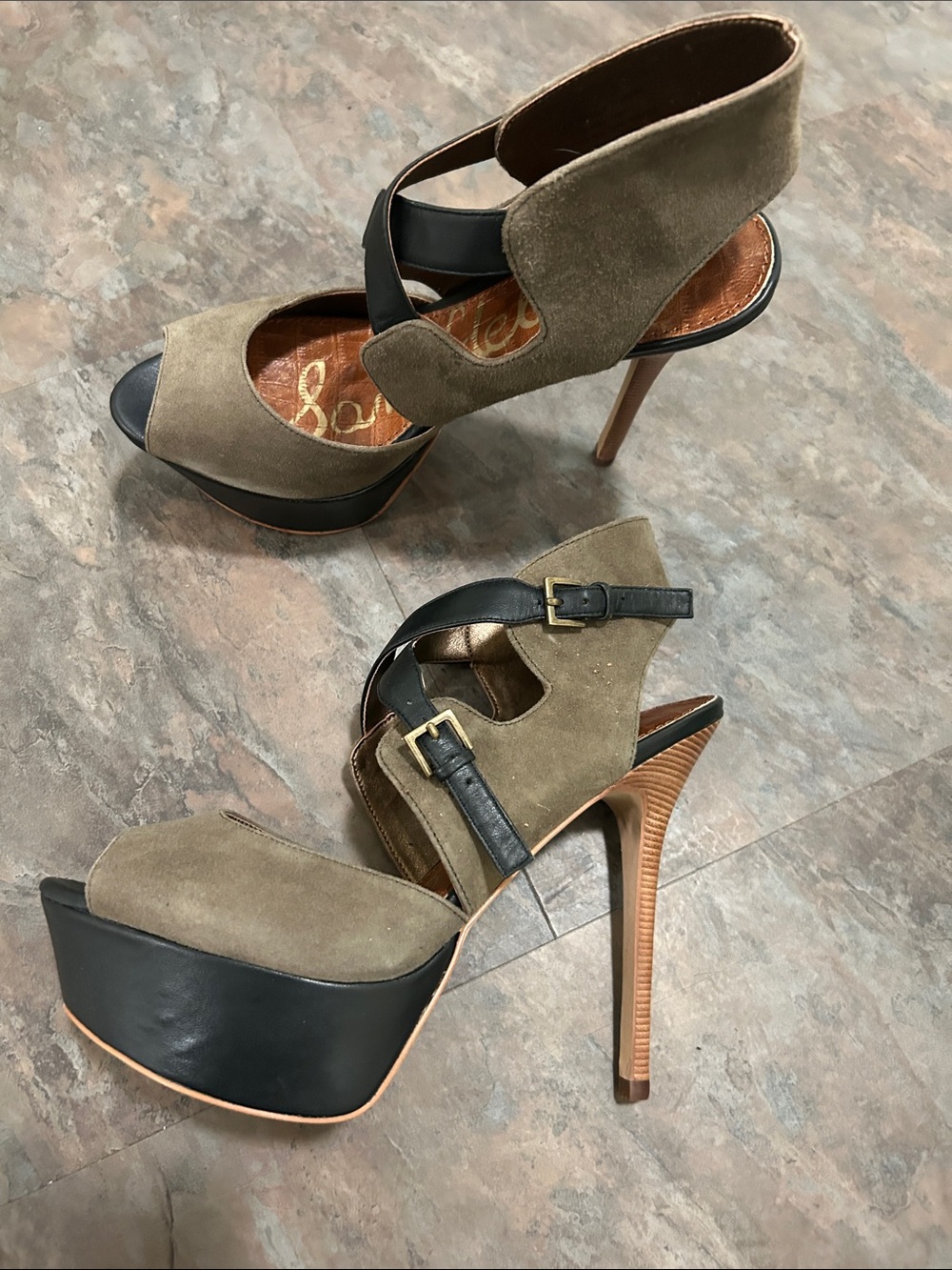 Sam Edelman Tan & Black Leather Suede Platform Heels Size 8 BRAND NEW BOX Size 8 - Picture 14 of 16